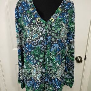 Michael Michael Kors Paisley V-Neck Blouse - Blue and Green CB-70